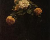 White and Yellow Roses in a Tall Vase - 亨利·方丹·拉图尔